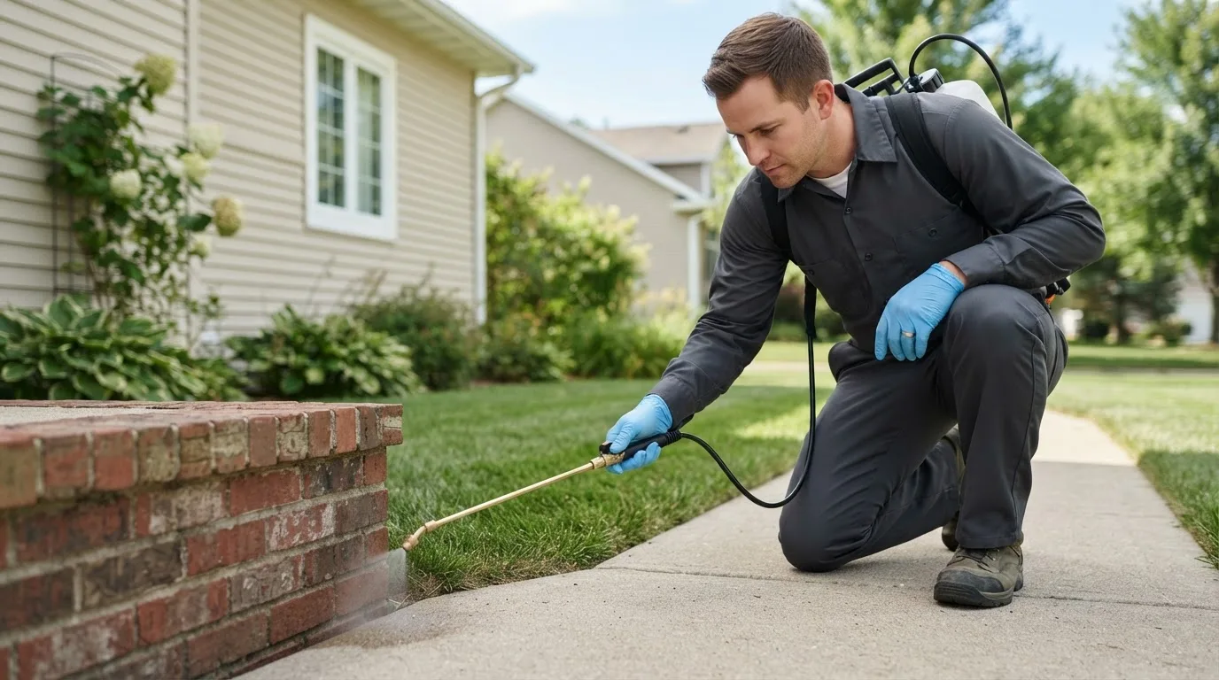 Pest control technician treating a home near Thornville, OH