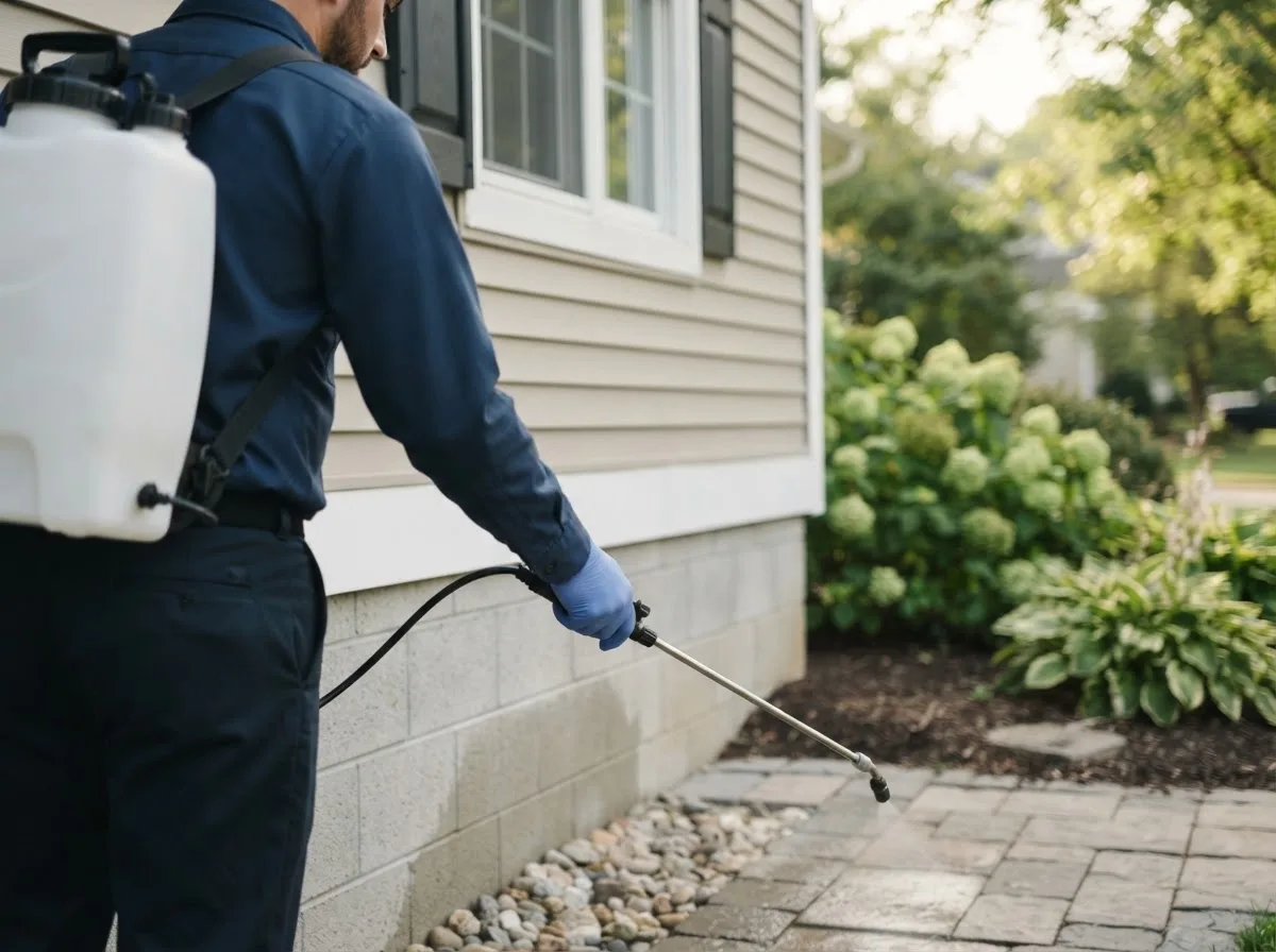 Pest control technician inspecting a home in Thornville, OH